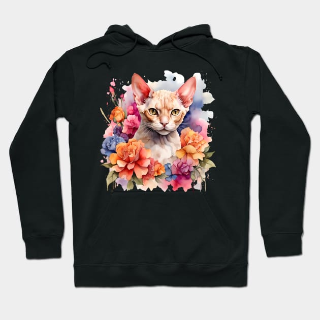 A devon rex cat decorated with beautiful watercolor flowers Hoodie by CreativeSparkzz